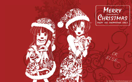 Christmas-themed HD anime desktop wallpaper featuring Rena Ryūgū and Furude Rika from Higurashi When They Cry in festive outfits on a red background.