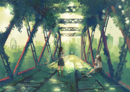 A HD anime wallpaper featuring an original artwork of two girls on a sunlit, overgrown bridge with a cityscape in the background, drenched in vivid green hues and bathed in soft light.