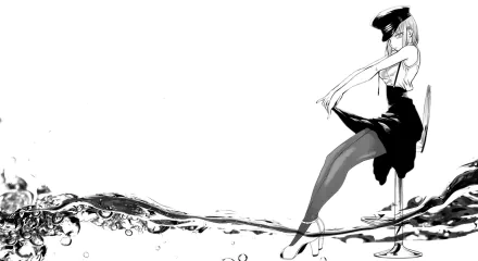 A stylish anime character, Shidare Hotaru from Dagashi Kashi, poses in a hat and high heels, wearing pantyhose and a skirt, set against a minimalistic water background. HD desktop wallpaper.