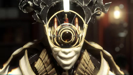 HD PC desktop wallpaper featuring a close-up of a masked character from the video game Dishonored 2, highlighting intricate details and dark, atmospheric lighting.