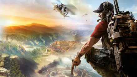 A stunning HD wallpaper from Tom Clancy's Ghost Recon Wildlands, featuring a soldier preparing for action with a helicopter in the background and a vibrant landscape at sunset.