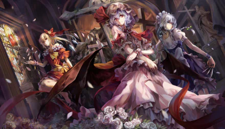 A vibrant HD wallpaper featuring Remilia Scarlet, Sakuya Izayoi, and Flandre Scarlet from the Touhou anime series, set against a richly detailed background with elegant roses.