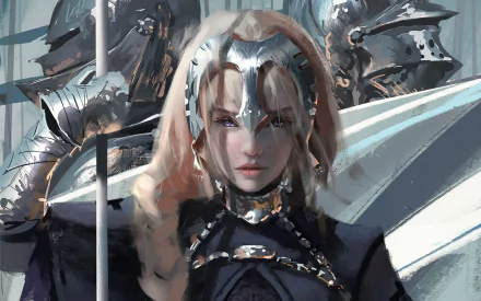 A HD desktop wallpaper featuring Jeanne d'Arc from the Fate/Grand Order anime series, depicted as the Ruler class servant, with a detailed and intense expression, surrounded by armored knights.