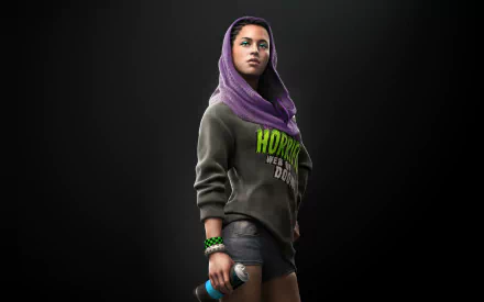 HD desktop wallpaper featuring Sitara Dhawan from the video game Watch Dogs 2, in a black background, exuding a confident stance with a modern outfit and purple headscarf.