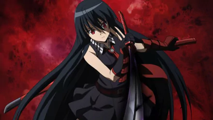A high-definition wallpaper featuring Akame from Akame Ga Kill!, poised with her sword against a dramatic red background, capturing her fierce and determined essence.