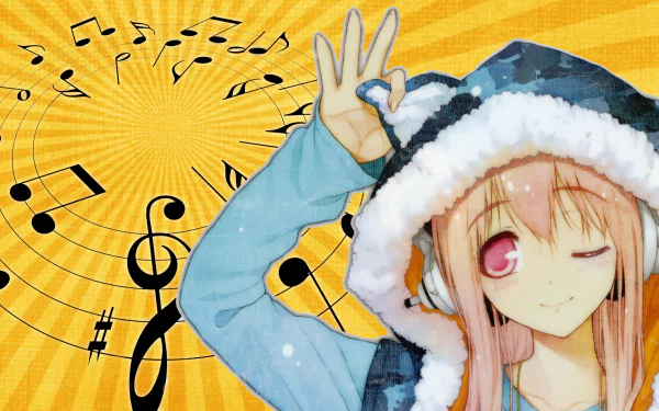 HD PC desktop wallpaper of Super Sonico winking in a fluffy hood with headphones, making an OK sign against a yellow burst of musical notes.