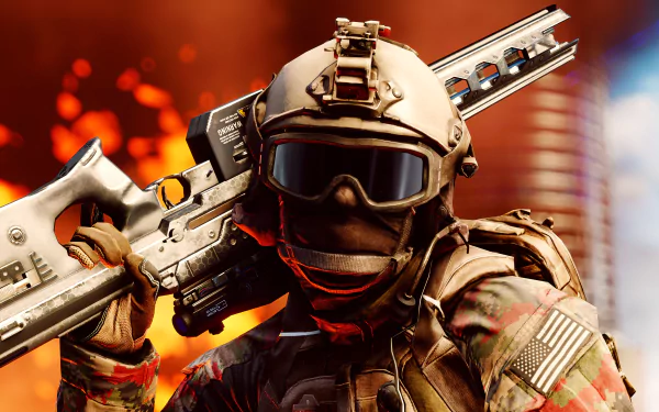 A soldier in tactical gear wields a weapon against a fiery background, capturing an intense moment from the video game Battlefield 4. HD desktop wallpaper.