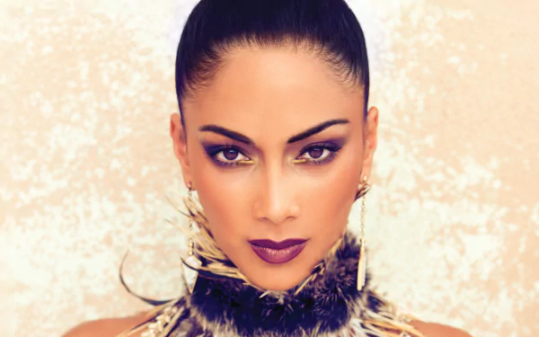 Close-up HD portrait of American singer Nicole Scherzinger with brunette hair, brown eyes, bold lipstick, and statement earrings against a textured background.