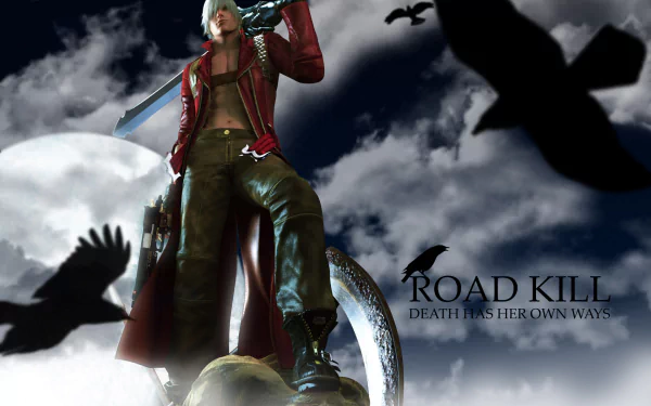 HD PC desktop wallpaper featuring Dante from the video game Devil May Cry 3: Dante's Awakening, standing against a cloudy night sky with crows and a full moon.