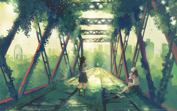 A HD anime wallpaper featuring an original artwork of two girls on a sunlit, overgrown bridge with a cityscape in the background, drenched in vivid green hues and bathed in soft light.