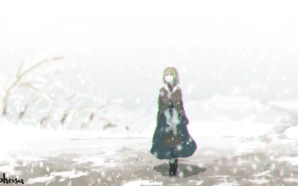 HD anime wallpaper featuring Alice Margatroid from Touhou, standing alone in a snowy winter landscape with soft, falling snowflakes.