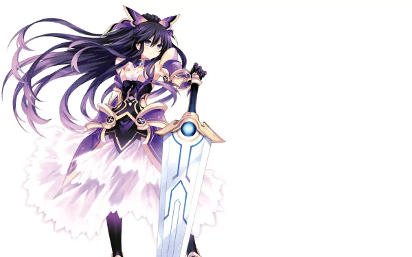 Tohka Yatogami stands confidently in ornate armor, wielding a sword. Her long purple hair flows elegantly in this vibrant anime wallpaper from Date A Live.