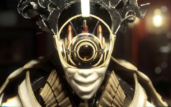 HD PC desktop wallpaper featuring a close-up of a masked character from the video game Dishonored 2, highlighting intricate details and dark, atmospheric lighting.