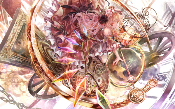 HD anime desktop wallpaper featuring Flandre Scarlet from Touhou, surrounded by intricate clockwork and ethereal glowing effects in a dynamic composition.