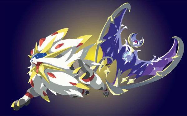 HD wallpaper featuring Solgaleo and Lunala from Pokémon Sun and Moon, showcasing iconic Pokémon in a vibrant design against a dark background.