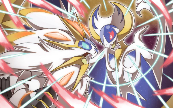A vibrant HD wallpaper featuring Solgaleo and Lunala from Pokémon Sun and Moon, showcasing their dynamic confrontation with striking energy effects in the background.