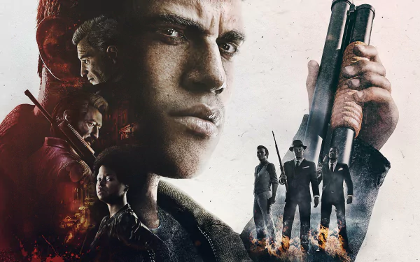 HD wallpaper featuring characters and themes from Mafia III, showcasing a dramatic scene with intense expressions and iconic imagery from the game.