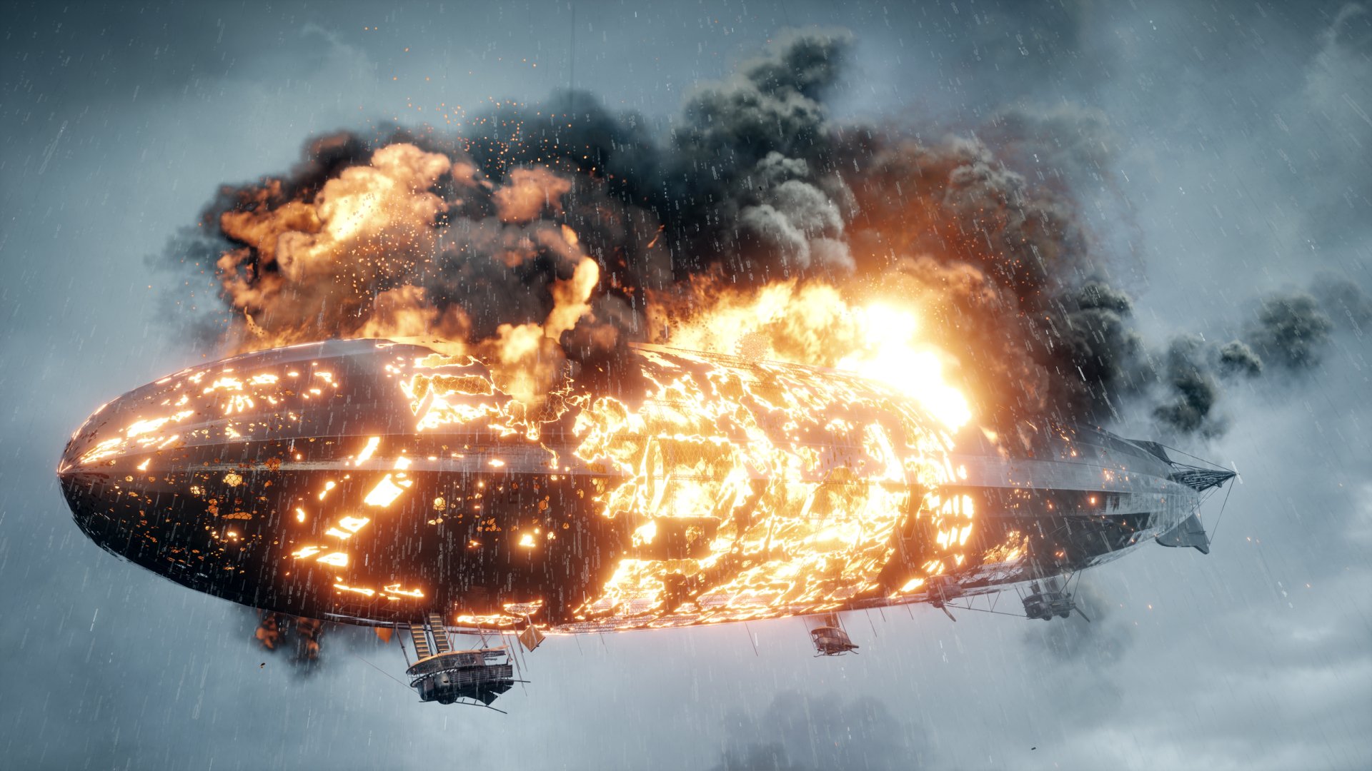 An intense scene from Battlefield 1 featuring a burning zeppelin engulfed in flames and smoke, set against a dramatic sky, captured in stunning HD for a captivating desktop wallpaper.