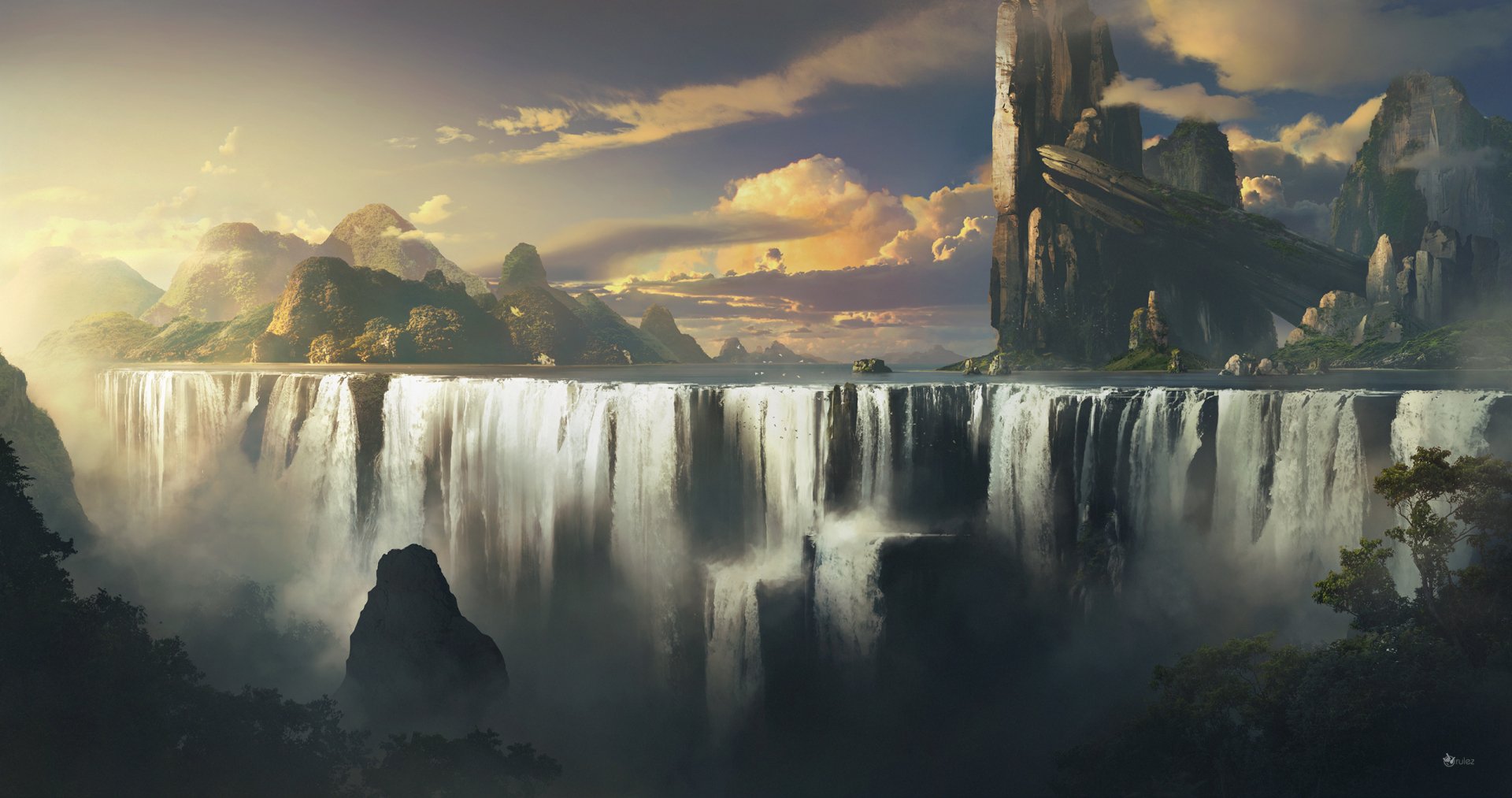 A breathtaking landscape featuring a majestic waterfall cascading into the abyss, framed by dramatic skies and rugged landforms, designed as an HD desktop wallpaper.