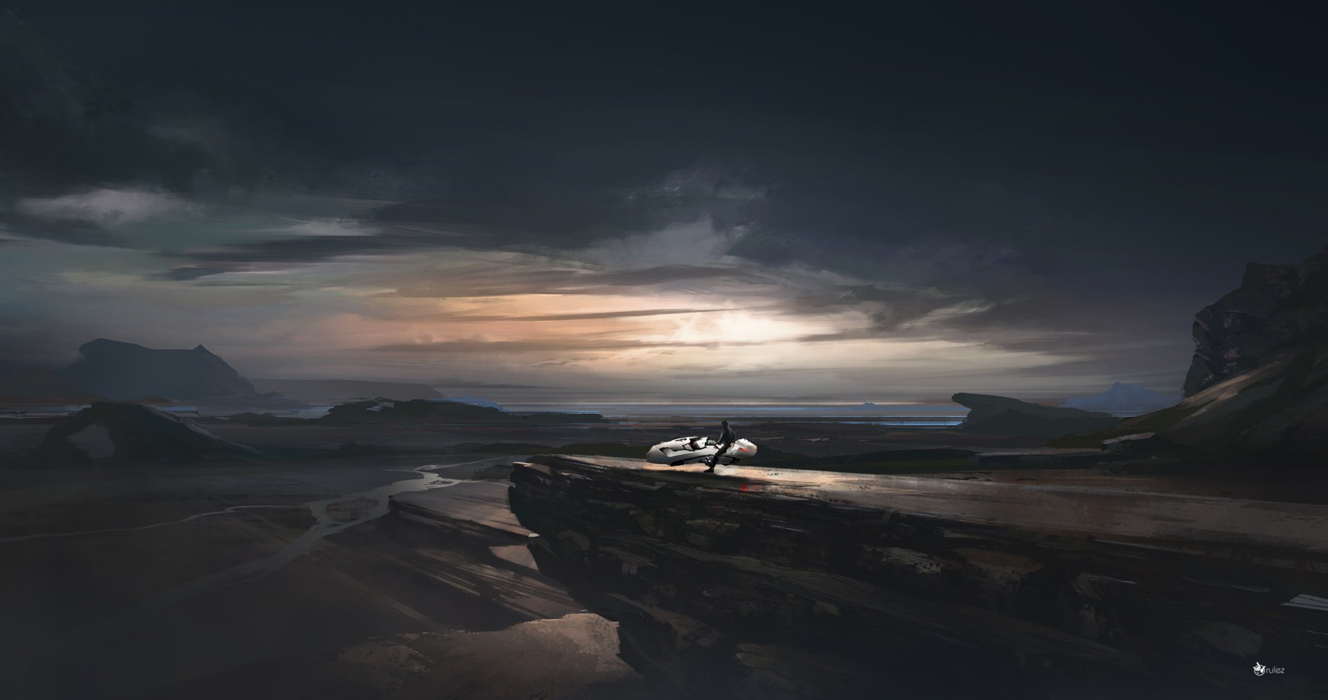 HD PC desktop wallpaper depicting an artistic wasteland landscape on Earth under a moody sky with distant light breaking through heavy clouds.