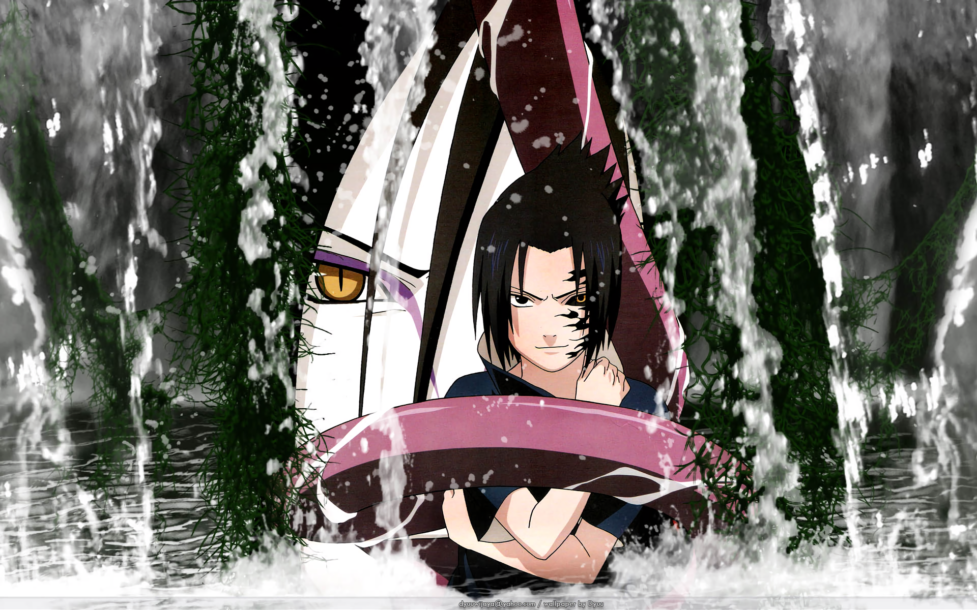 Orochimaru and Sasuke Uchiha from Naruto emerge from water, set in a dramatic, HD anime style, capturing their intense rivalry and themes of ambition.