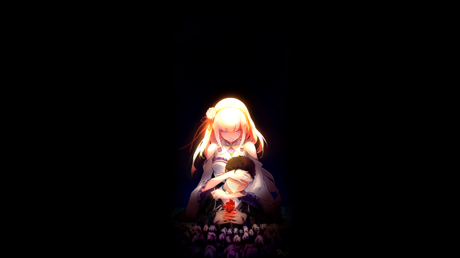 HD desktop wallpaper featuring Subaru Natsuki and Emilia from Re:Zero - Starting Life in Another World anime, with Emilia comforting Subaru in a glowing, dark-themed background.