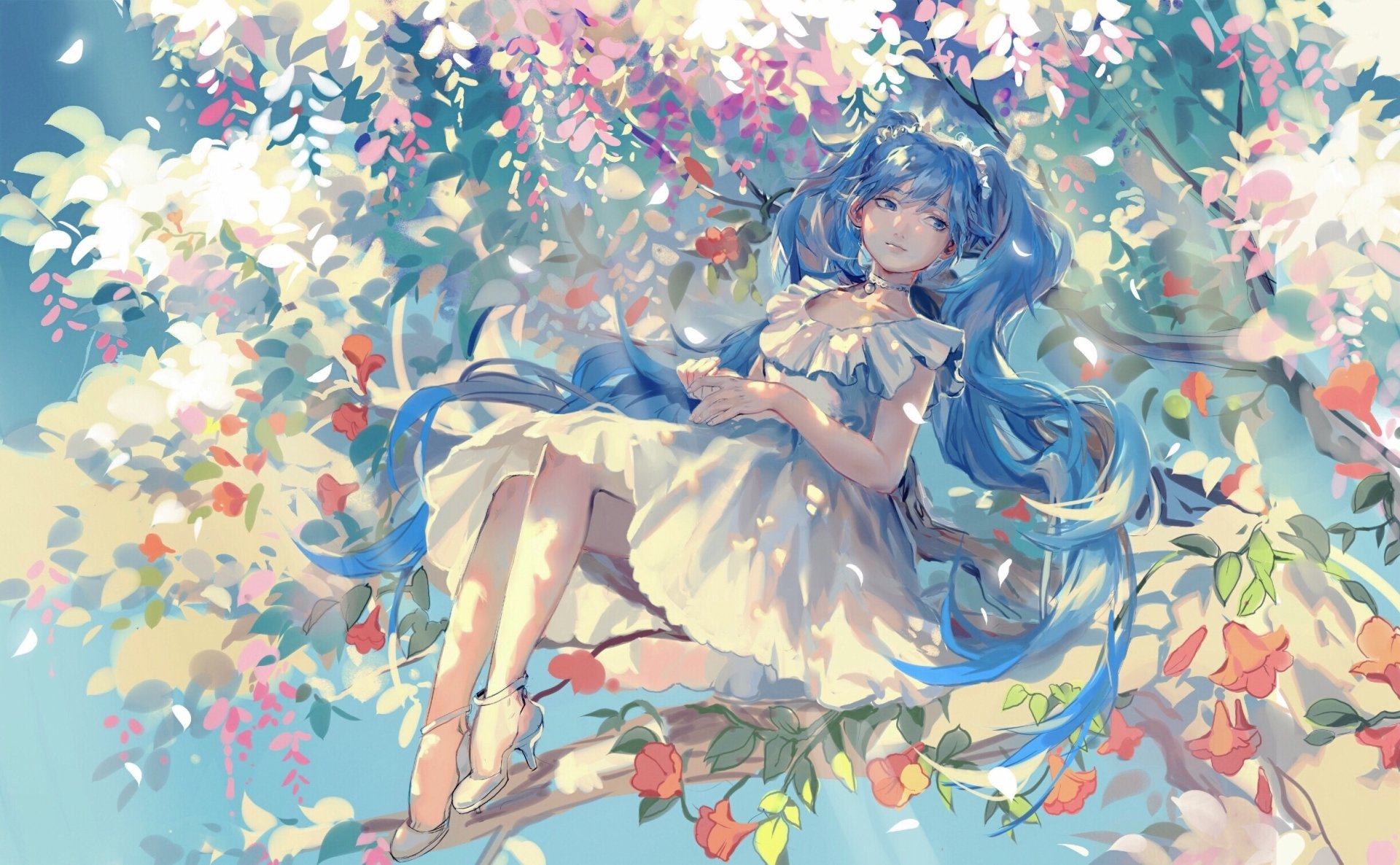 A serene scene featuring Hatsune Miku with long blue twintails, dressed in a white dress, resting among colorful flowers on a tree, capturing the beauty of anime in vibrant detail.