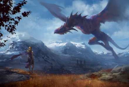 A blonde figure stands on a mountain ridge in a fantasy landscape, facing a large dragon soaring under a cloudy sky, rendered in high-definition detail.