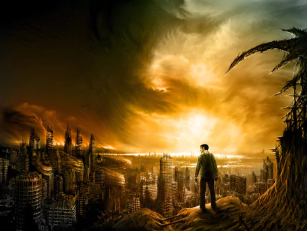 A lone figure stands atop a rocky outcrop, overlooking a devastated sci-fi cityscape under a dramatic, fiery sky. The scene captures the essence of a post-apocalyptic world.