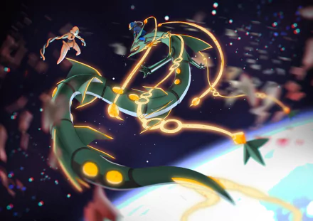 A dynamic HD wallpaper featuring Mega Rayquaza and Deoxys from Pokémon: Omega Ruby and Alpha Sapphire, capturing their epic clash in a vibrant, cosmic backdrop.