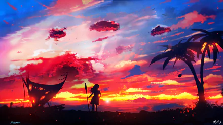 HD Disney Moana movie wallpaper featuring a silhouette of Moana against a vibrant sunset background with palm trees and colorful clouds.