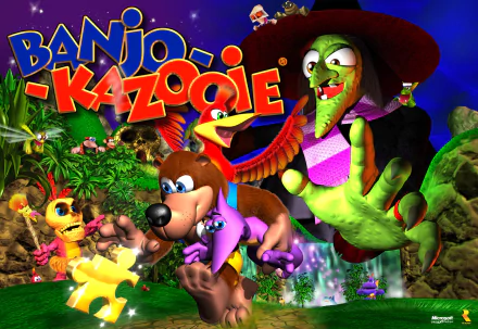 HD PC desktop wallpaper featuring characters from the video game Banjo-Kazooie, including Banjo, Kazooie, and the witch Gruntilda in a vibrant, animated forest setting.