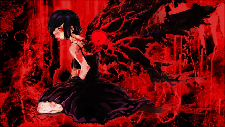 A striking HD wallpaper featuring Touka Kirishima from Tokyo Ghoul, set against a dramatic red background with dark, ethereal wings, capturing the character's intense emotion and spirit.