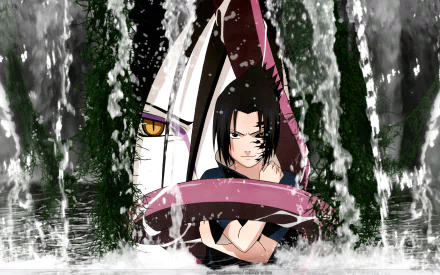 Orochimaru and Sasuke Uchiha from Naruto emerge from water, set in a dramatic, HD anime style, capturing their intense rivalry and themes of ambition.
