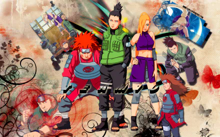 HD anime desktop wallpaper featuring Shikamaru Nara, Ino Yamanaka, Chōji Akimichi, and Asuma Sarutobi from Naruto with dynamic poses and vibrant background effects.