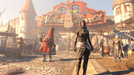 HD Fallout 4: Nuka-World desktop wallpaper featuring characters in front of the iconic Nuka-World entrance, showcasing the post-apocalyptic theme of the video game.