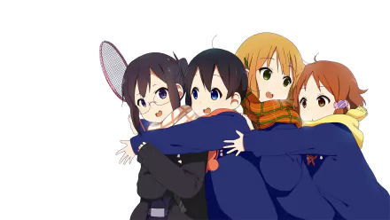 Four characters from the anime Tamako Market—Midori Tokiwa, Shiori Asagiri, Kanna Makino, and Tamako Kitashirakawa—smile and embrace against a simple background.