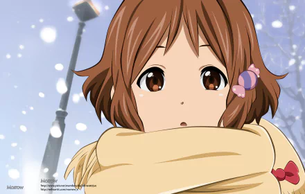 Anime HD desktop wallpaper featuring Kanna Makino from Tamako Market, wrapped in a cozy yellow scarf with softly falling snow in the background.