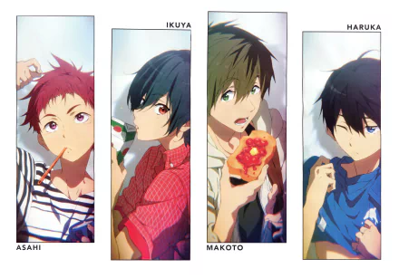 A vibrant 4K Ultra HD wallpaper featuring characters Makoto Tachibana, Asahi Shiina, Haruka Nanase, and Ikuya Kirishima from the anime Free!, capturing their playful moments.