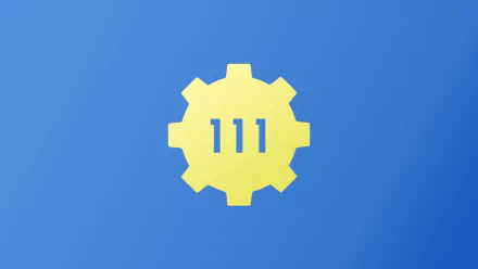 HD desktop wallpaper featuring the yellow Vault 111 gear logo from the video game Fallout 4 on a blue background.