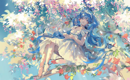 A serene scene featuring Hatsune Miku with long blue twintails, dressed in a white dress, resting among colorful flowers on a tree, capturing the beauty of anime in vibrant detail.