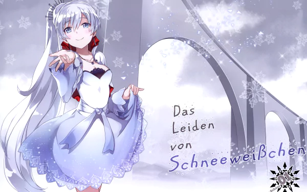 Weiss Schnee from RWBY stands gracefully in a snowy landscape, adorned in a beautiful white dress. The image features an elegant text design, enhancing its artistic appeal.