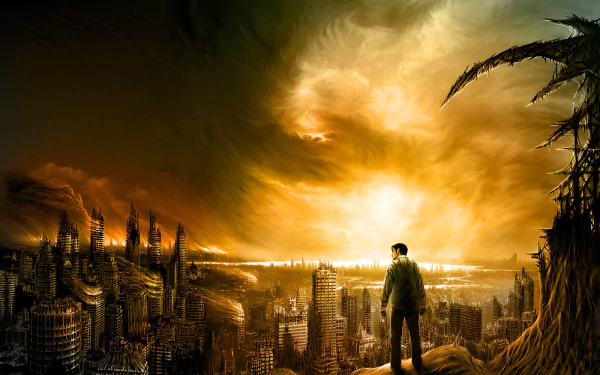 A lone figure stands atop a rocky outcrop, overlooking a devastated sci-fi cityscape under a dramatic, fiery sky. The scene captures the essence of a post-apocalyptic world.