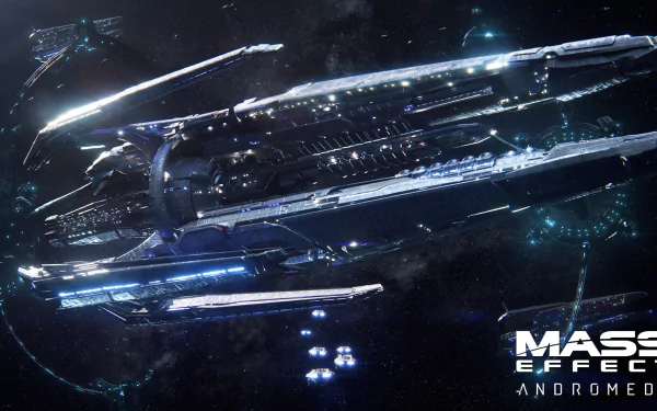 HD PC desktop wallpaper featuring a detailed spaceship from the video game Mass Effect: Andromeda set against a starry space backdrop.