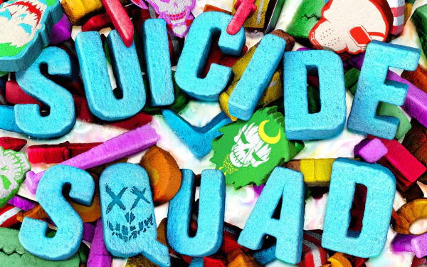 A vibrant HD wallpaper featuring colorful candy pieces with the bold phrase Suicide Squad, capturing a playful, spirited theme inspired by the movie.