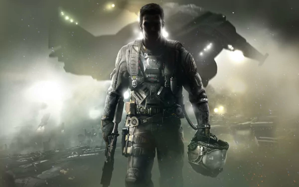 A striking HD desktop wallpaper from Call of Duty: Infinite Warfare, featuring a silhouetted soldier against a backdrop of futuristic warfare and dramatic lighting.