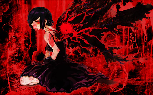 A striking HD wallpaper featuring Touka Kirishima from Tokyo Ghoul, set against a dramatic red background with dark, ethereal wings, capturing the character's intense emotion and spirit.