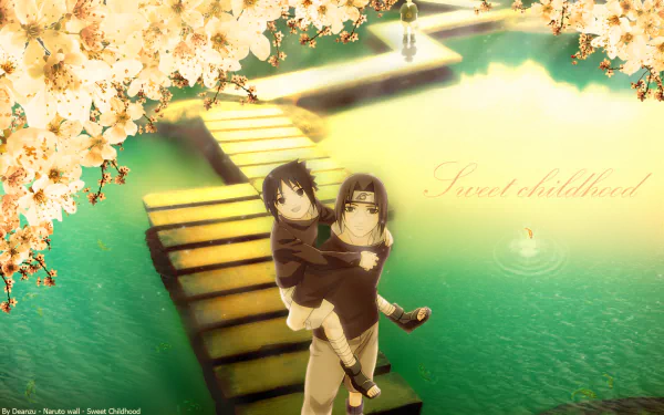 A serene HD desktop wallpaper featuring Sasuke and Itachi Uchiha from the anime Naruto, set against a tranquil background with cherry blossoms, evoking a sense of sweet childhood.