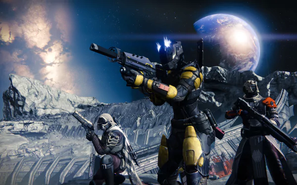 HD wallpaper featuring characters from Destiny, a popular video game, armed and ready for action against a stunning cosmic backdrop.