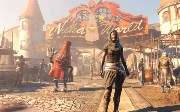 HD Fallout 4: Nuka-World desktop wallpaper featuring characters in front of the iconic Nuka-World entrance, showcasing the post-apocalyptic theme of the video game.